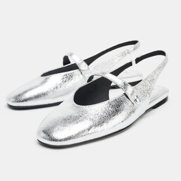 NWT Zara Silver Metallic Effect Slingback Ballet Flats Mules Slides Women 38 7.5 - Picture 2 of 14